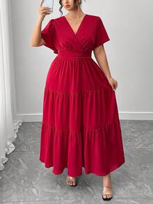 Elenzga 大码女式V领褶饰短袖连衣裙