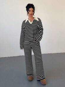 Siren Gaze 女式两件套宽松条纹 V 领落肩长袖 T 恤和松紧腰条纹裤，冬季毛衣套装，秋冬 - 黑色 - 查看 6