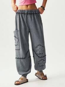 Bohemela BOHO Solid Color Knitted Low Waist Loose Drawstring Pants For Women