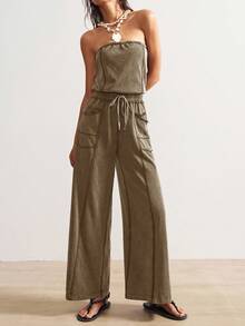 Bohemela Women's Street Style Knit Drawstring Tube Top Jumpsuit - Brown - View 5