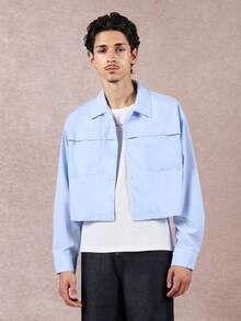 SUMWON 纽扣短款衬衫，带贴袋，长袖，轻薄透气，适合春秋季休闲商务工作穿着，纯色款 - 淺藍色 - 查看 1