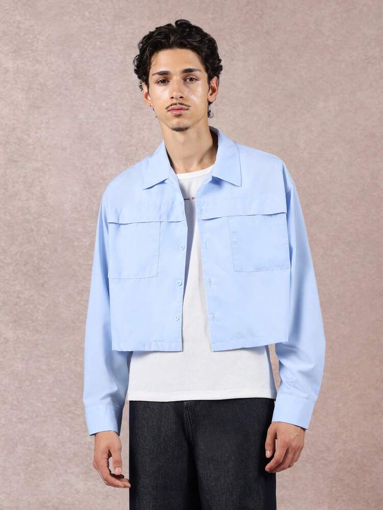 Cropped Button Down Shirt With Patch Pockets