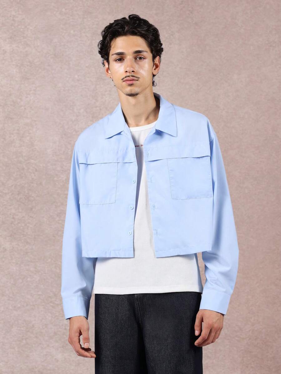 SUMWON 纽扣短款衬衫，带贴袋，长袖，轻薄透气，适合春秋季休闲商务工作穿着，纯色款 - 淺藍色 - 查看 1