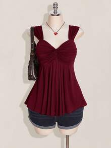 CurvyTilda Plus Size Women's Wine Twist Front Sleeveless Babydoll Knit Top, Y2K Style, Suitable For Graduation/Back To School Season, Summer Cute Tops