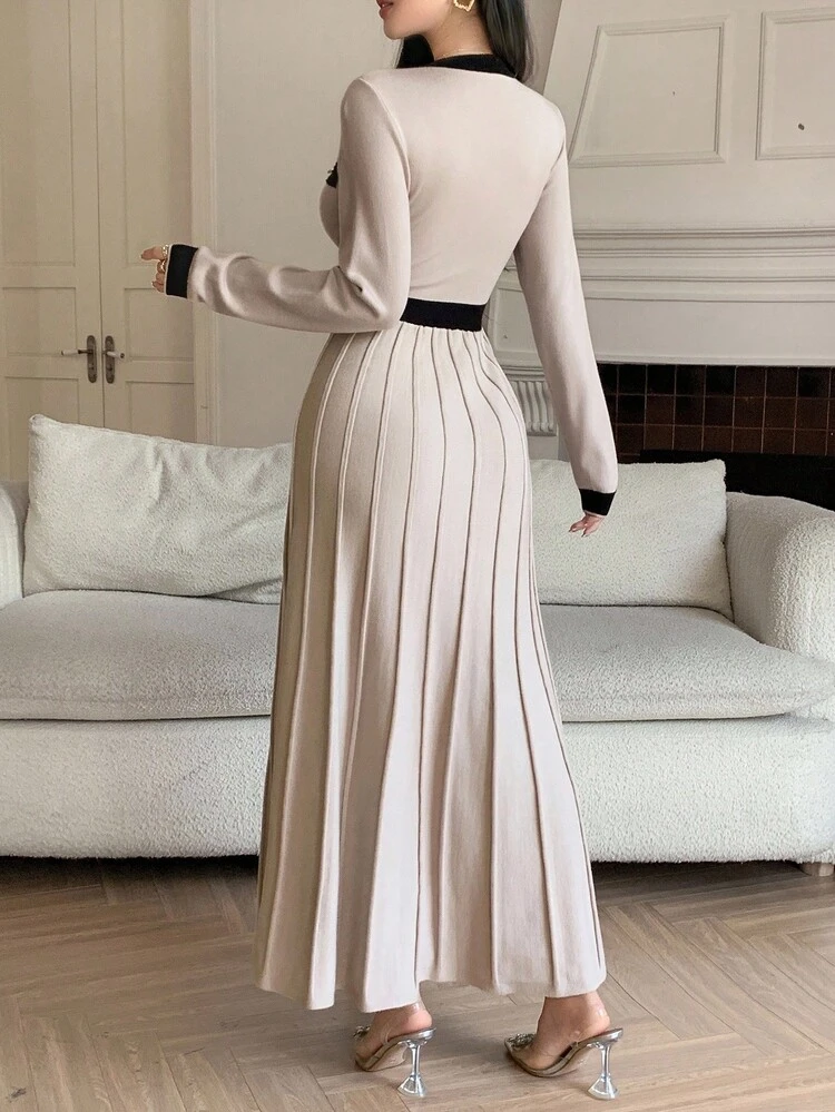 Women's Elegant Color Block Round Neck Sweater Dress, Autumn