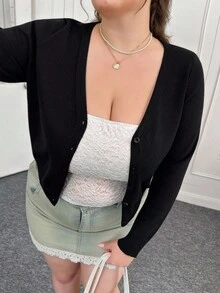 CovetEZ 秋冬款大码深V领纯色纽扣开衫 - 黑色 - 查看 6