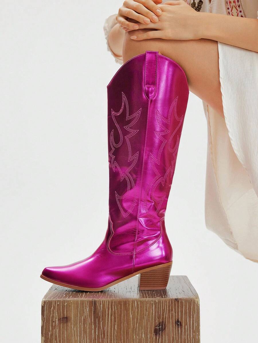 Styleloop Giày bốt cao bồi miền Tây màu đỏ tía, giày bốt cao đến giữa bắp chân thời trang dành cho nữ, thích hợp cho Giáng sinh, tiệc năm mới, đêm hẹn hò, Halloween - Màu Đỏ Sâu - Xem 1