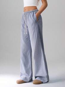 TRNVIE Quần ống đứng cạp trễ rút dây 100% cotton màu hồng, đồ mặc nhà thời trang dành cho nữ, mùa xuân - Màu xanh hải quân - Xem 3