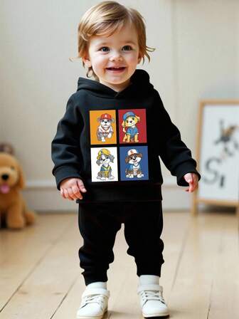 Perso Play 两件套男婴黑色服装套装，狗狗印花连帽长袖运动衫和裤子，秋冬休闲套装