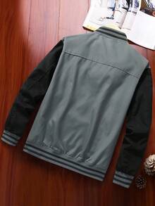 Manfinity Homme Loose Fit Men's Colorblock Striped Trim Bomber Jacket (Without T-Shirt), Fall - Grey - View 2