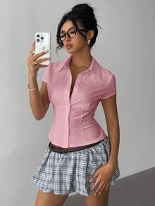 Aloruh 女士优雅纯白色短袖褶腰衬衫，通勤、日常穿着、办公室、春夏季通用 - 粉色 - 查看 2