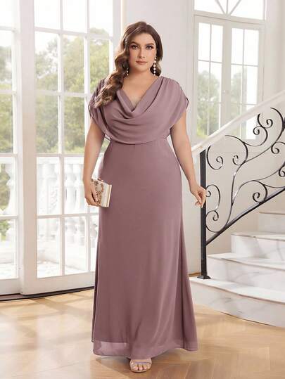 SHEIN Belle 大码女式优雅纯色低胸伴娘礼服