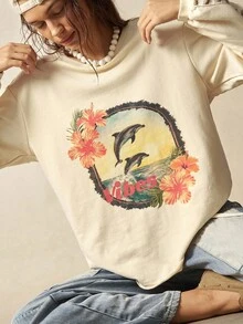 Bohemela 波西米亚风度假岛休闲海豚印花针织T恤女款 - 杏色 - 查看 2