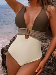 Shapewave Đồ bơi một mảnh cắt cao có họa tiết kim loại, màu tương phản, có thể điều chỉnh, kiểm soát bụng, dáng chữ thập phía sau, dành cho kỳ nghỉ hè trên bãi biển dành cho nữ - Nhiều màu - Xem 4