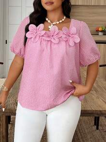 Weeklong 大码格子方领3D花卉装饰衬衫 - 玫紅色 - 查看 3