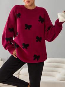 EURMUSE Red Knit Bow Pattern Sweater – Black Bow Jacquard Crewneck Pullover