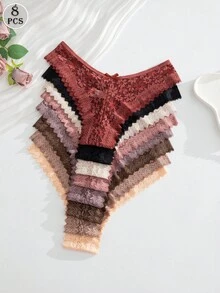 Conjunto de 8 calcinhas femininas românticas e sensuais de renda, multicoloridas - Multicolorido - Ver 3