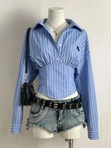 SHEIN EZwear Work/Office Back To School Fall Clothes Blue Striped Woven Women's Long Sleeve Shirt Blue And White Striped Shirt - Blue and White - View 7
