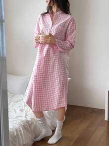 DAZY 格子衬衫裙，宽松版型，长款，女士睡衣，秋季睡衣 - 粉色 - 查看 1