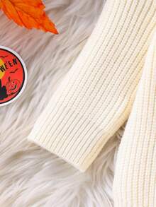 SHEIN Baby Boys/Girls Knitted Long Sleeve Bodysuit, Comfortable For Autumn/Winter, Beige Color, Versatile For Daily Wear, Embroidered Halloween Pumpkin Design, Stylish & Cute, Suitable For Holidays, Home, Outings, Travel - Apricot - View 4