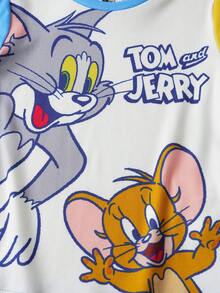 TOM & JERRY X SHEIN 2 件套小男孩卡通蓝色可爱休闲长袖 T 恤和短裤舒适睡衣套装 - 藍色 - 查看 3