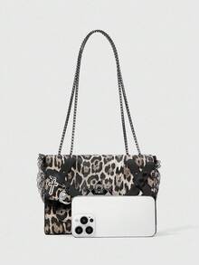 ROMWE Grunge Punk Women's Punk Style Contrast Lace Leopard Print Leather Underarm Crossbody Bag - Black - View 2