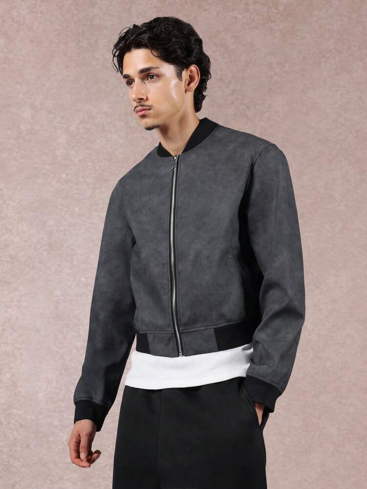 Faux Suede Bomber Jacket With Ribbed Collar