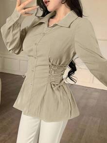 Modelyn 女士纯色前扣系带领抽绳时尚衬衫 - 卡其色 - 查看 5