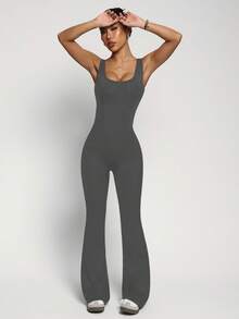 Easithlete Women's Black Sleeveless Jumpsuit, Front Panel Seam, High Waist U-Neck U-Back, Suitable For Casual, Gym, Yoga, Running In Spring/Summer Flare Jumpsuit Flared Leggings Set Bodycon Jumpsuit Seamless Jumpsuit Yoga Jumpsuit Flare Jumpsuits For Woman