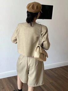 DAZY 2pcs Women Casual Solid Color Round Neck Long Sleeve Loose Jacket & Straight Leg Shorts Set, Autumn/Winter Lounge Sets For Women - Khaki - View 2