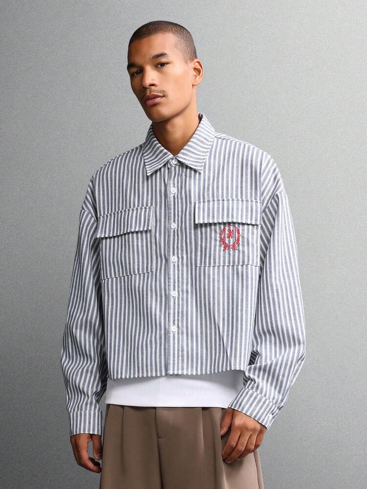 Cropped Button Down Striped Shirt With Utility Pockets