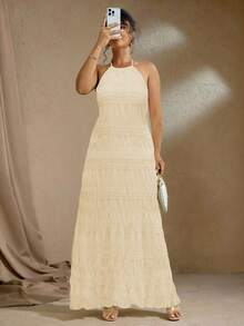 Flirla 大码纹理雪纺多层浪漫细肩带露背吊带连衣裙