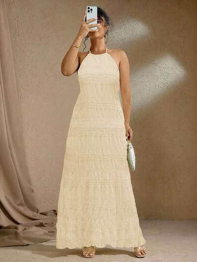 Flirla Plus Size Textured Chiffon Multi-Layered Romantic Spaghetti Strap Backless Camisole Dress