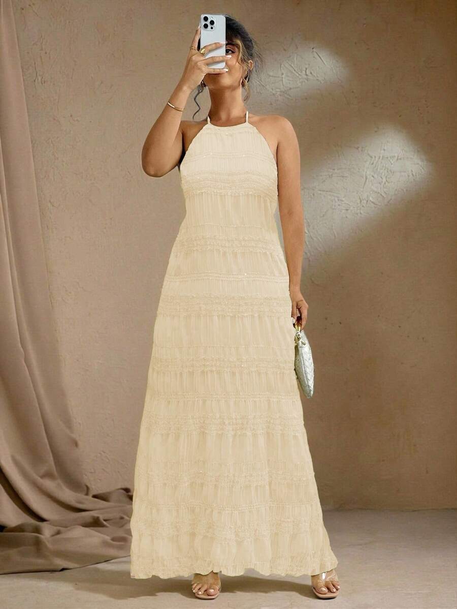 Flirla 大码纹理雪纺多层浪漫细肩带露背吊带连衣裙