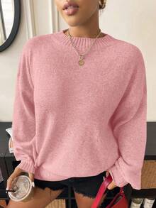 Elenzga 大码女式休闲宽松圆领长袖套头毛衣，修身显瘦，秋冬 - 粉色 - 查看 6