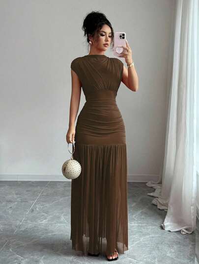 Elenzga Nuevo vestido de moda de cuello alto sólido rojo sin mangas, con diseño sexy de malla calada y plisado en línea A, adecuado para fiesta de graduación, eventos festivos, citas