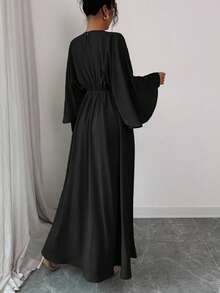 Elenzga 女士优雅简约高端休闲连衣裙，适合办公室、通勤、海滩、音乐节、下午茶、德比、帆船赛，纯色圆领二合一腰部荷叶边褶皱蝙蝠袖 A 字长裙，春夏秋季女士服装 - 黑色 - 查看 2
