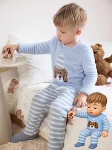 2pcs Young Boy Blue Cartoon Dog Embroidered Fleece Pajama Set,Winter Kids Plush Loungewear,Autumn,Family Matching Sleepwear For Kids Fall - Blue - View 8