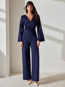 CLARA VERO Women, Autumn, Jumpsuit, Flare Sleeve, Long Length, V Neck, - Dark Grey - View 3