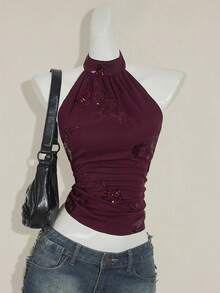 SHEIN ICON Women's Halter Neck Sleeveless Bodycon Asymmetrical Hem Beaded Embroidered Sexy Y2K Crop Top, Autumn/Winter Halter Top Dress Top Scarf Top Halter Tops For Women Sparkling Sequin Top - Red - View 3