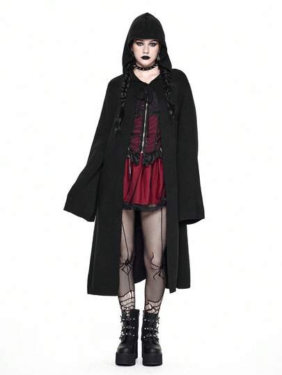 Gothic Long Hooded Knit Poncho, Halloween