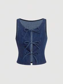 SHEIN MOD 女士休闲牛仔无袖上衣，带蝴蝶结装饰，圆领，夏季女士蝴蝶结，商务休闲女装，女式牛仔装，女式优雅上衣，外出上衣，女士外出上衣，音乐会女士，节日，早午餐女士，老钱风格女士，女士邮轮装，复古 - 深色水洗藍 - 查看 1