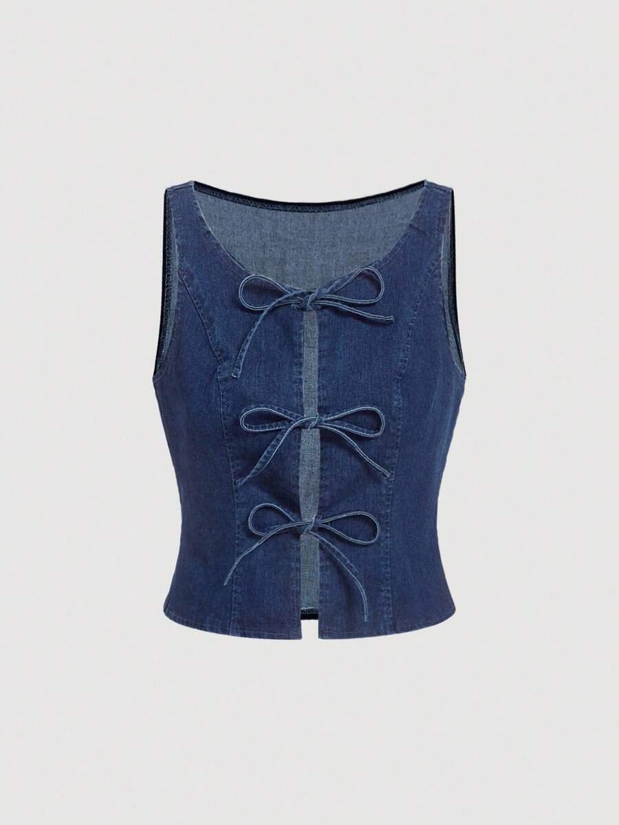 SHEIN MOD 女士休闲牛仔无袖上衣，带蝴蝶结装饰，圆领，夏季女士蝴蝶结，商务休闲女装，女式牛仔装，女式优雅上衣，外出上衣，女士外出上衣，音乐会女士，节日，早午餐女士，老钱风格女士，女士邮轮装，复古 - 深色水洗藍 - 查看 1