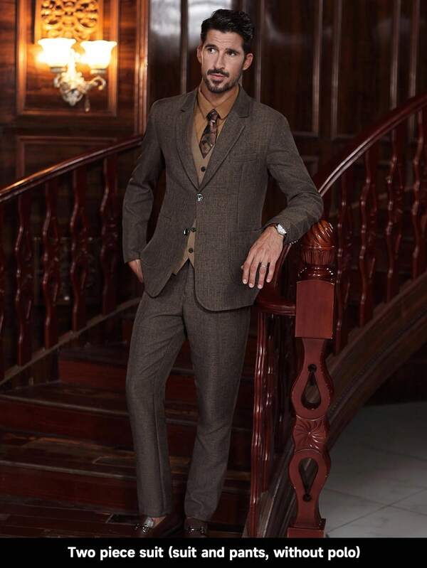 Manfinity Bizformal Men's Solid Color Business Commute Suit Set (Jacket & Pants) Men Brown Suit Men Khaki Suit Men Two-Piece Suit Men Suit