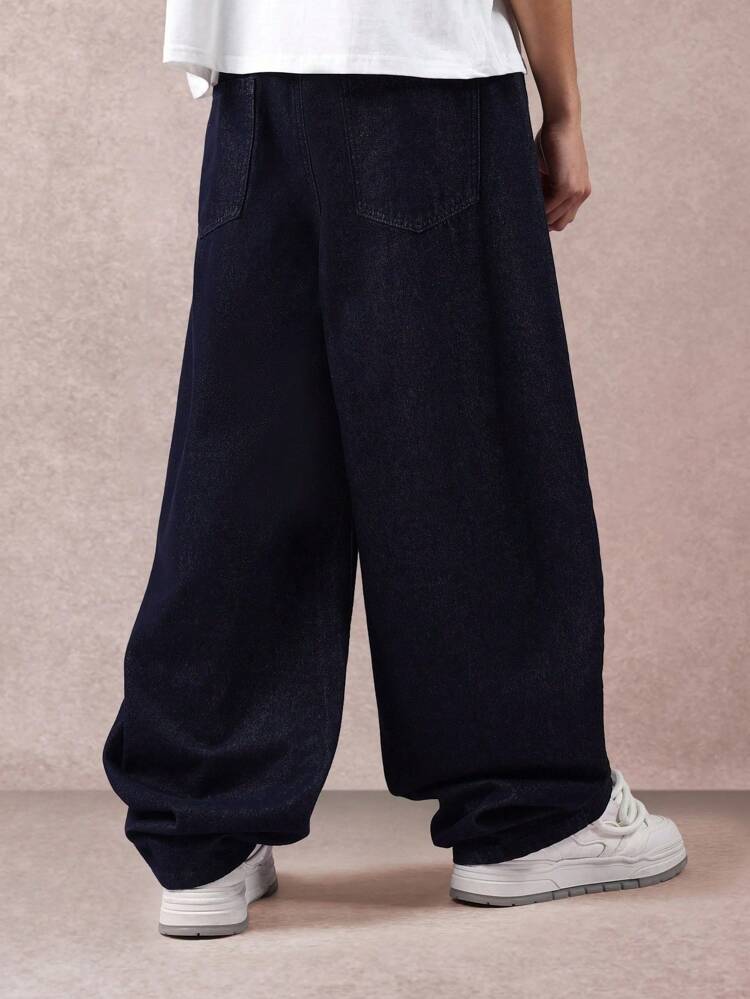 Wide Leg Raw Denim Jeans With Red Embroidered Text