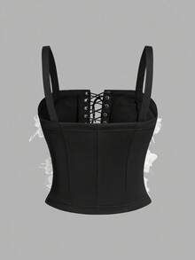 BamGleam 女士 3D 花朵绑带镂空吊带背心和迷你裙性感套装 - 黑色 - 查看 4