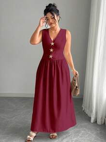 Elenzga Vestido maxi de mujer talla grande de unicolor con cuello en V sin mangas, decorado con broche de estrella de mar en la cintura, elegante y sofisticado - Burdeos - Ver 4