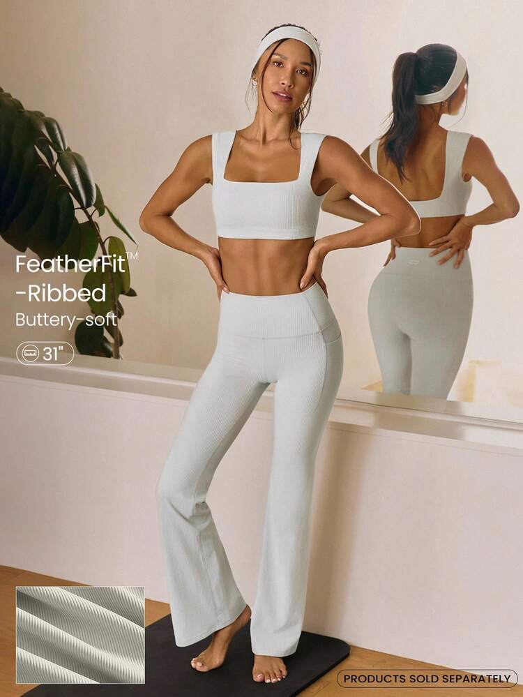 Legginsy FeatherFit™ z prążkowanymi nogawkami i ultrawysokim stanem, bez szwów z przodu, 31 cali, z kieszeniami bocznymi, do jogi i pilatesu o niskim wpływie, codzienne, codzienne ubranie