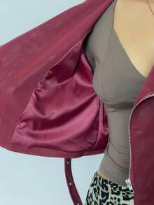 SHEIN Unity Red Autumn/Winter European & American Retro Elegant High-End Zipper Decor Collar Waist Tie Design Women Leather Jacket - Red - View 3