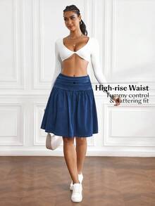 Flexra 女式休闲水洗褶皱牛仔迷你裙，夏季 - 藍色 - 查看 6